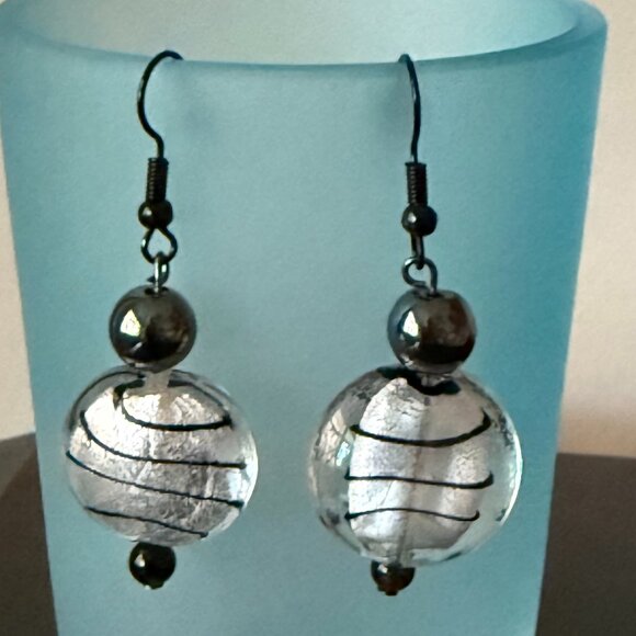 Jewelry - Lampwork Clear Glass Bead with Black Swirls Pierced Earrings